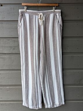 Soft Surroundings Stripe Linen Bahama Britches Pants Taupe Gray White Medium